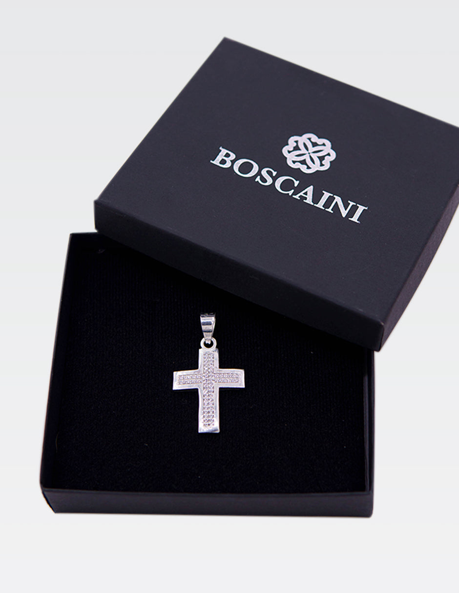 Dije de Plata .925 | Cruz Curveada Zirconias | 4.20CM de Altura 2.40CM Ancho