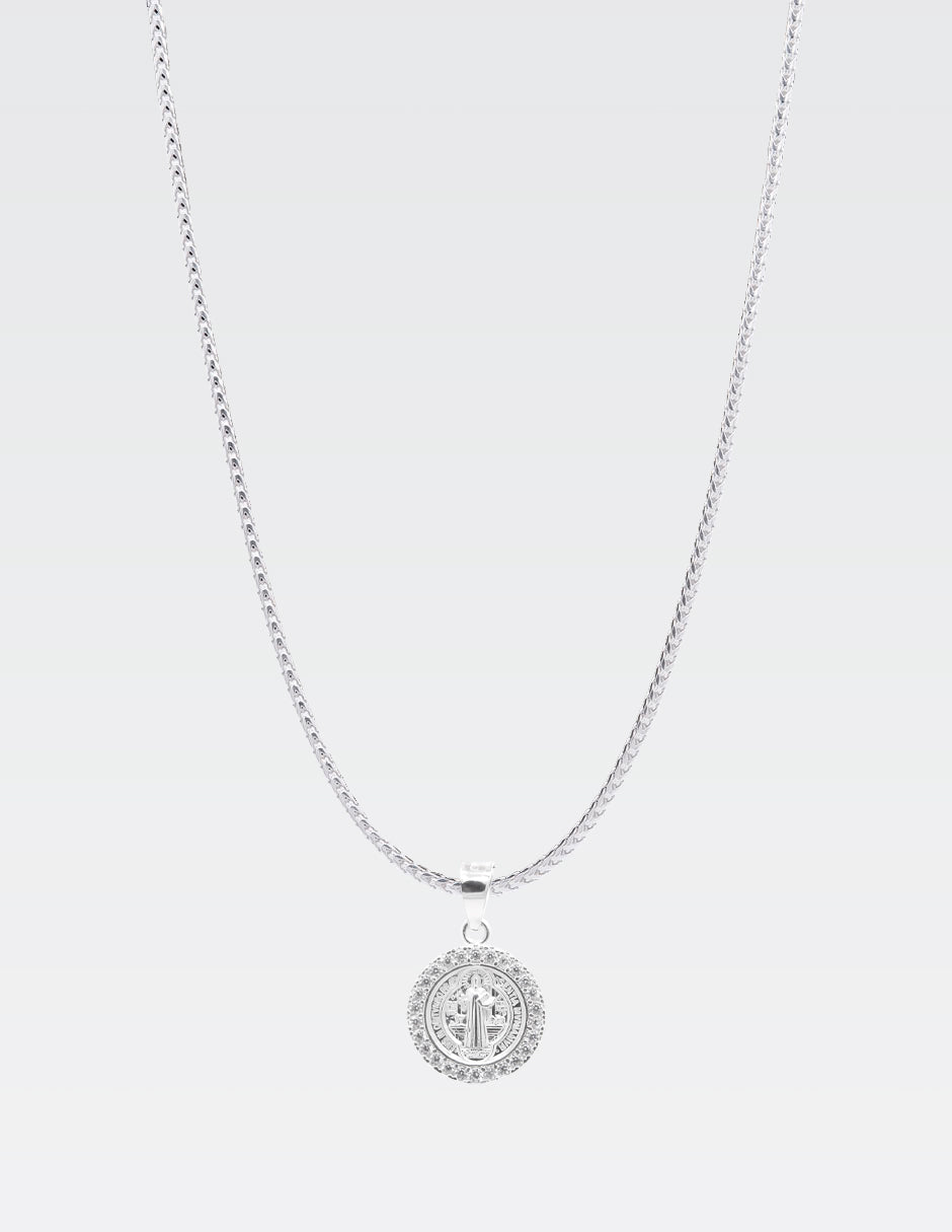 Dije de Plata .925 | Medalla San Benito Zirconias | 3.90CM de Altura 2.70CM Ancho