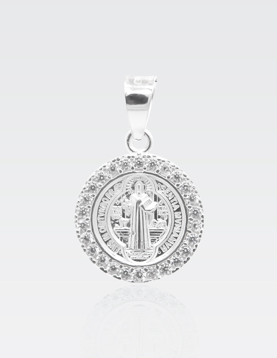 Dije de Plata .925 | Medalla San Benito Zirconias | 3.90CM de Altura 2.70CM Ancho