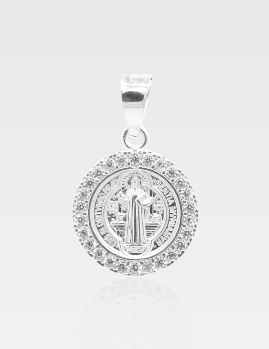 Dije de Plata .925 | Medalla San Benito Zirconias | 3.90CM de Altura 2.70CM Ancho