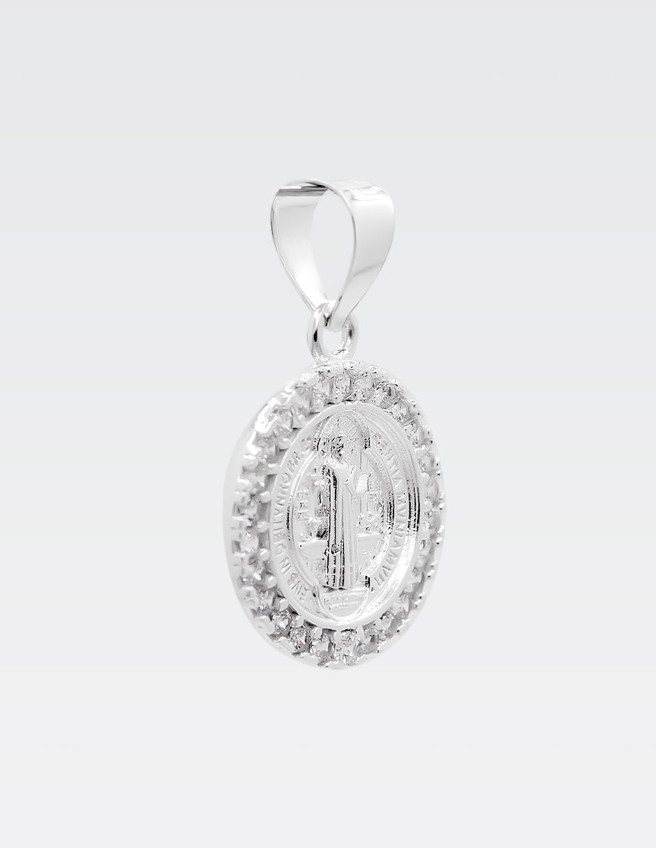 Dije de Plata .925 | Medalla San Benito Zirconias | 3.90CM de Altura 2.70CM Ancho